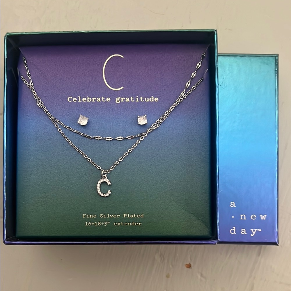 A New Day Silver Layered Letter C Necklace & earrings gift set
